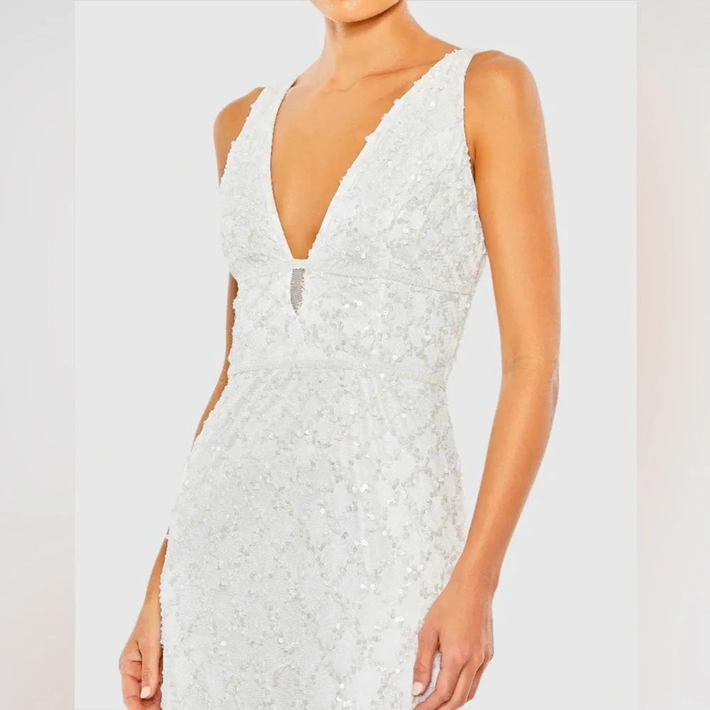 Mac Duggal White Beaded V-Neck Maxi Dress - Picture 14 of 14